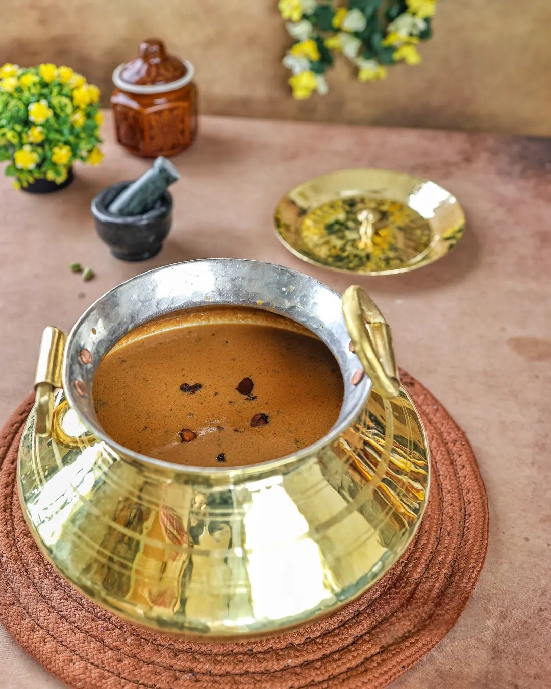 Brass Hammered Degchi - Tin Coated Interior with Lid - Kalasians